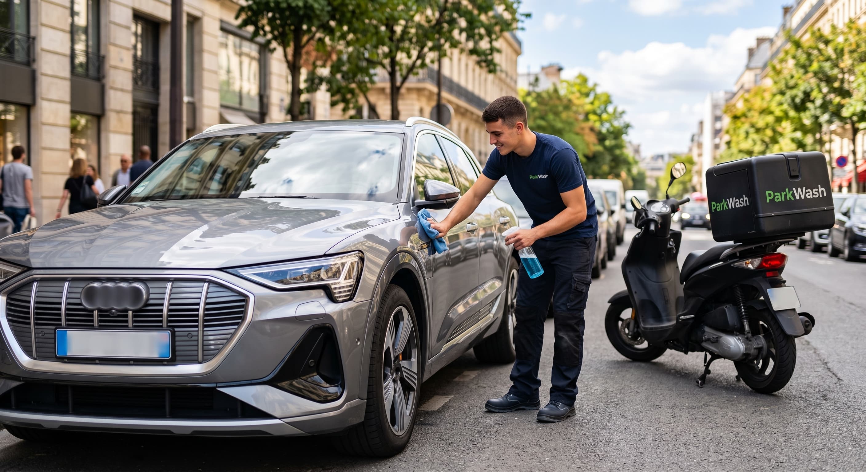 Un opérateur ParkWash effectuant un lavage écologique sans eau.